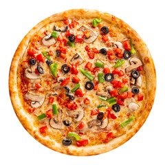 Isolated pizza with mushrooms and olives on white background