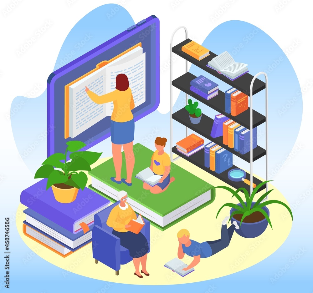 Wall mural isometric education concept, vector illustration, tiny man woman character read book in library, get