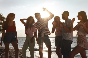 Obraz premium Group of friends having fun near river at summer party