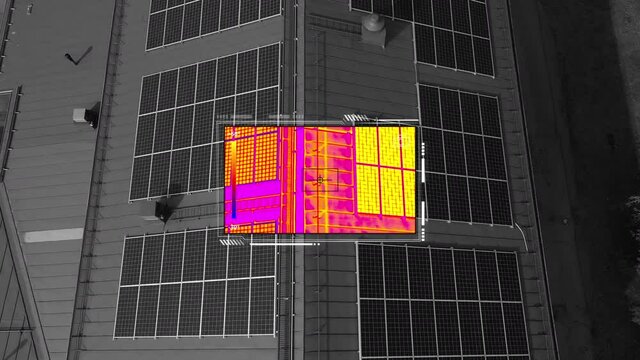 Thermal camera drone inspecting rooftop solar panels - 3d render animation