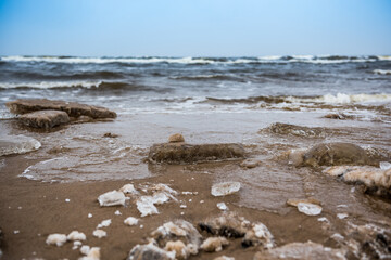 Winter Baltic Sea beach is snowy and there are big waves in the sea
