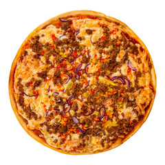 Isolated pizza with minced meat and tomatoes on white background