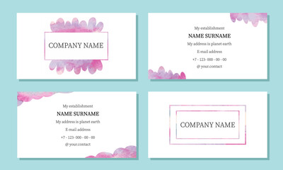 Business card template. Business card with watercolors in pink colors. Perfect for individual entrepreneurs, small and large businesses, enterprises. Vector illustration.