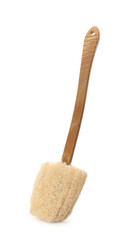 Natural loofah brush with wooden handle isolated on white