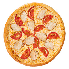 Isolated pizza with chicken and tomatoes on white background