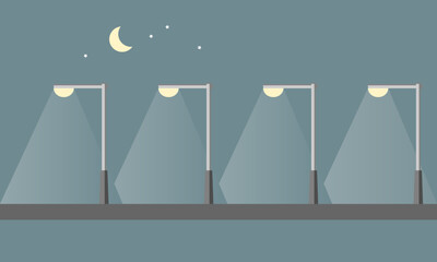 Street light poles (Street lamp) lighting on road in night time with moon and star flat icon vector.