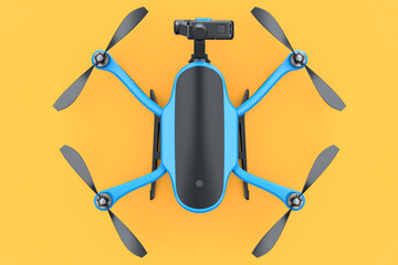 Flying photo and video drone or quad copter with action camera on orange