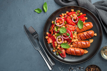 Chickpea salad and fried sausages on a dark background. Top view, copy space.