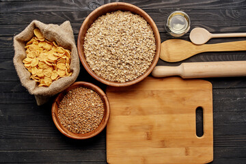 wooden kitchen items cereals products view from above