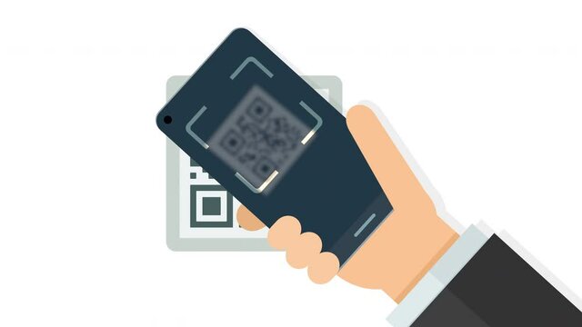 A hand scans a qr code tag with his smartphone and finds a valid result on white background (flat design)