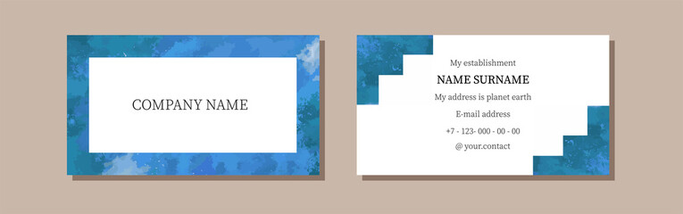 Business card template. Business card with watercolors in blue tones. Perfect for individual entrepreneurs, small and large businesses, enterprises. Simple business card with geometry.