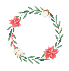 Watercolor Christmas holiday wreath, frame isolated on white background. Perfect for greeting cards. 