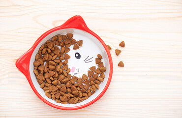 Red ceramic bowl fith dry pet nutrition, food. Brown food for Cat in the bowl on wooden surface, top view.