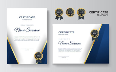 Premium gold and blue certificate of appreciation template, clean modern design with gold badge