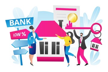 Mortgage for home property concept, vector illustration, flat man character hold key for house real estate, woman agent worker stand near building