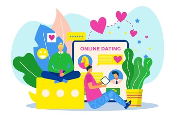 Fototapeta premium Online date at mobile application, vector illustration, love couple man woman character use smartphone for dating, chat in internet social media.