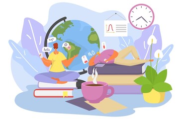 Education online concept, vector illustration. Flat tiny people student character learning in internet, computer technology for learning knowledge.