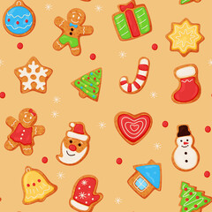 Christmas oatmeal cookies seamless pattern vector flat illustration. Ginger biscuit sweet dessert