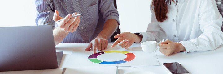 Motivated business team of two employee working together in office. Teamwork banner. Concept of work, career