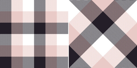 Abstract textile check pattern in black, pale pink, white. Seamless herringbone tartan buffalo check for spring autumn winter scarf, flannel shirt, duvet cover, other modern fashion fabric print. - obrazy, fototapety, plakaty