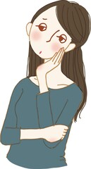 ほおに手をついて悩んでいる女性。