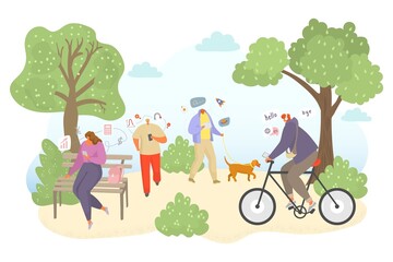 Outdoor study online, vector illustration, flat people man woman character get education in internet, studying knowledge at park nature.