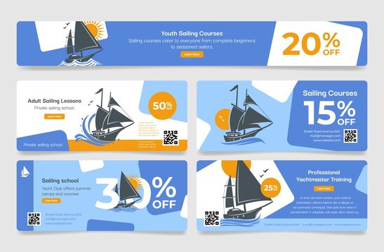 Sailing school landing page set vector. Online advertising banner with sale discount for lessons