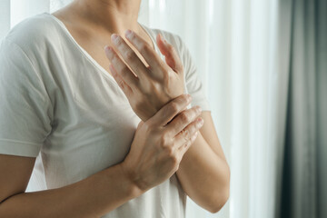 woman wrist arm pain. office syndrome healthcare and medicine concept