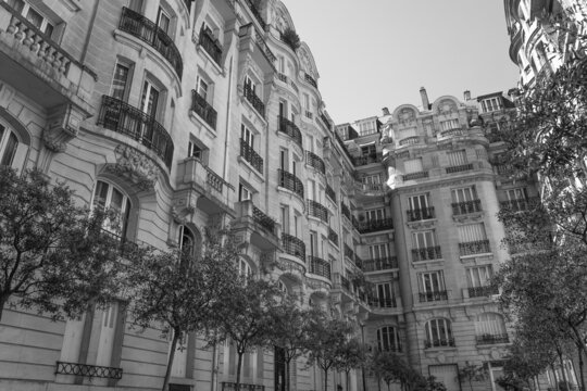 Panoramic view of Square Raynouard Architecture in France, Paris. Black and white photography.