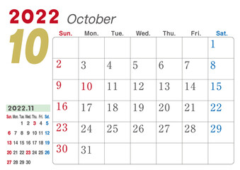 2022年　カレンダー　10月