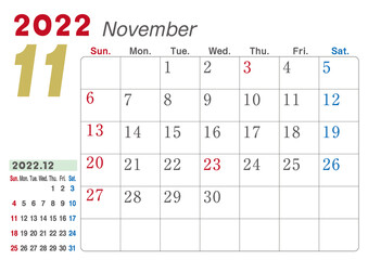 2022年　カレンダー　11月