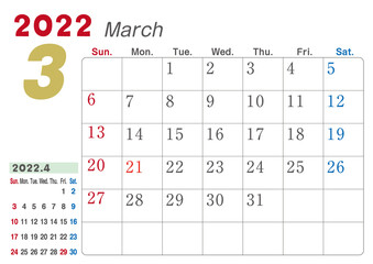 2022年　カレンダー　3月