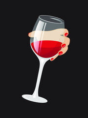 Female hand with a glass of red wine. Isolated vector illustration on black background. Transparent object