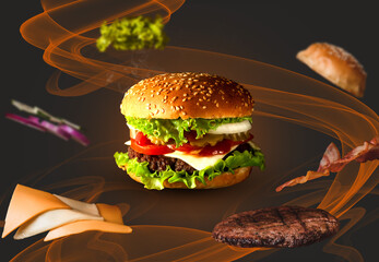 levitating burger with ingredients