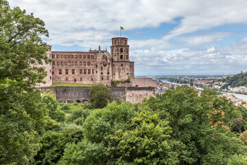 Fototapeta na wymiar Heidelberg, Germany. Castle ruins: Apothekerturm (Pharmacy Tower), Ludwigsbau and Glockenturm (Bell Tower), 16th century
