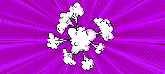Surprising boom cloud in halftone background for sales and promotions. Purple banner template for surprises and bursting events. Vector illustration in pop art style © liu_miu