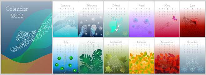 Vector vertical calendar 2022. Week starts in Sunday. Set of 12 pages and cover with symbol of the year tiger with geometric shapes, circles, lines, triangles and golden ratio - obrazy, fototapety, plakaty