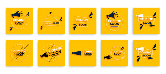 Coming soon with megaphone design. Vector illustration on yellow background