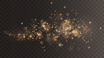 Christmas background. Powder PNG. Magic shining gold dust. Fine, shiny dust bokeh particles fall off slightly. Fantastic shimmer effect.