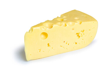 Cheese with holes in hand on white background isolation