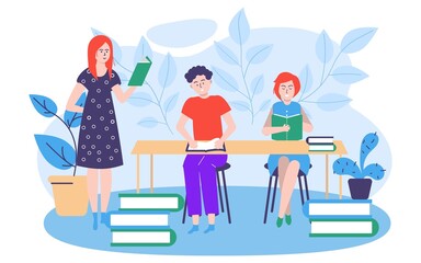 Study education concept, vector illustration, people man woman character get knowledge at school class, woman teach student in library.