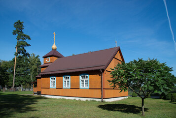 General view and architectural details of the temple of the Eastern Church of the Old Believers, built in 1948, called Molenna in the town of Gabowe Grady in Podlasie, Poland.