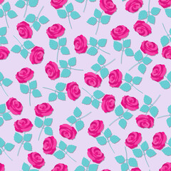 Fototapeta na wymiar Seamless pattern of pink flowers roses and leaves. flat vector illustration.