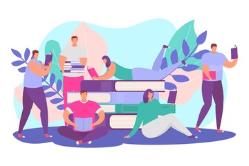 Reading books concept, vector illustration, flat man woman character study school knowledge for education, people student learn at literature object.