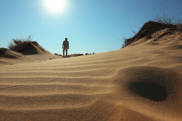 Fototapeta na wymiar Man in desert on sunny day, back view