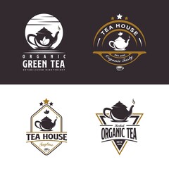 Set of Vintage Teapot Logo. With tea leaf, cup, oolong, herb, and stars icon. Retro, premium, and luxury logo template.