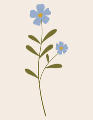 Vintage illustration of blue wild flower. Medicinal herb. Branch with leaves. Botanic vector of forest flora. Hand drawn colorful floral element. Clipart for design and print