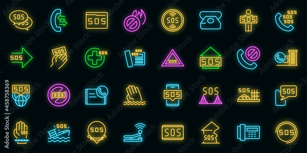 Wall mural Sos icons set. Outline set of sos vector icons neon color on black - Wall murals