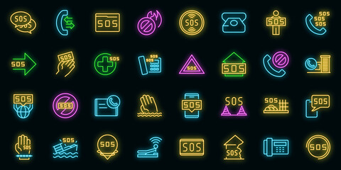 Sos icons set. Outline set of sos vector icons neon color on black