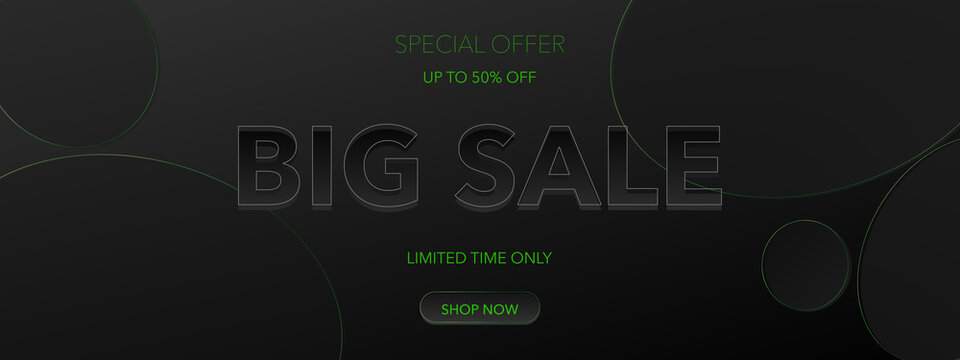 Big Sale Green Web Banner On Dark Background. Special Offer With Limited Time